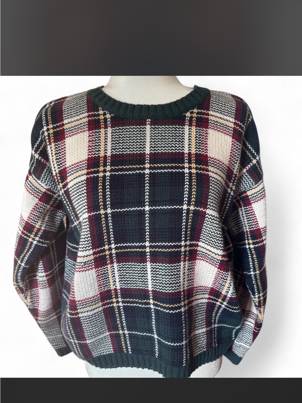 Vintage Pasta Plaid Crewneck Women’s Sweater - Navy, Cream & Burgundy